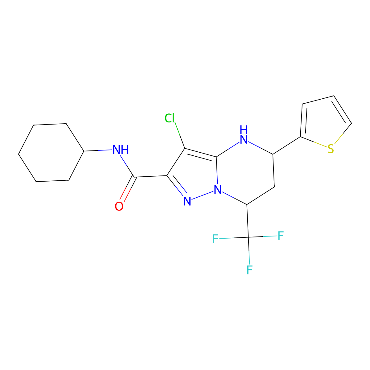 3-chloro-N-cyclohexyl-5-(thiophen-2-yl)-7-(trifluoromethyl)-4H,5H,6H,7H-pyrazolo[1,5-a]pyrimidine-2-carboxamide molecular structure, CAS 312935-11-8