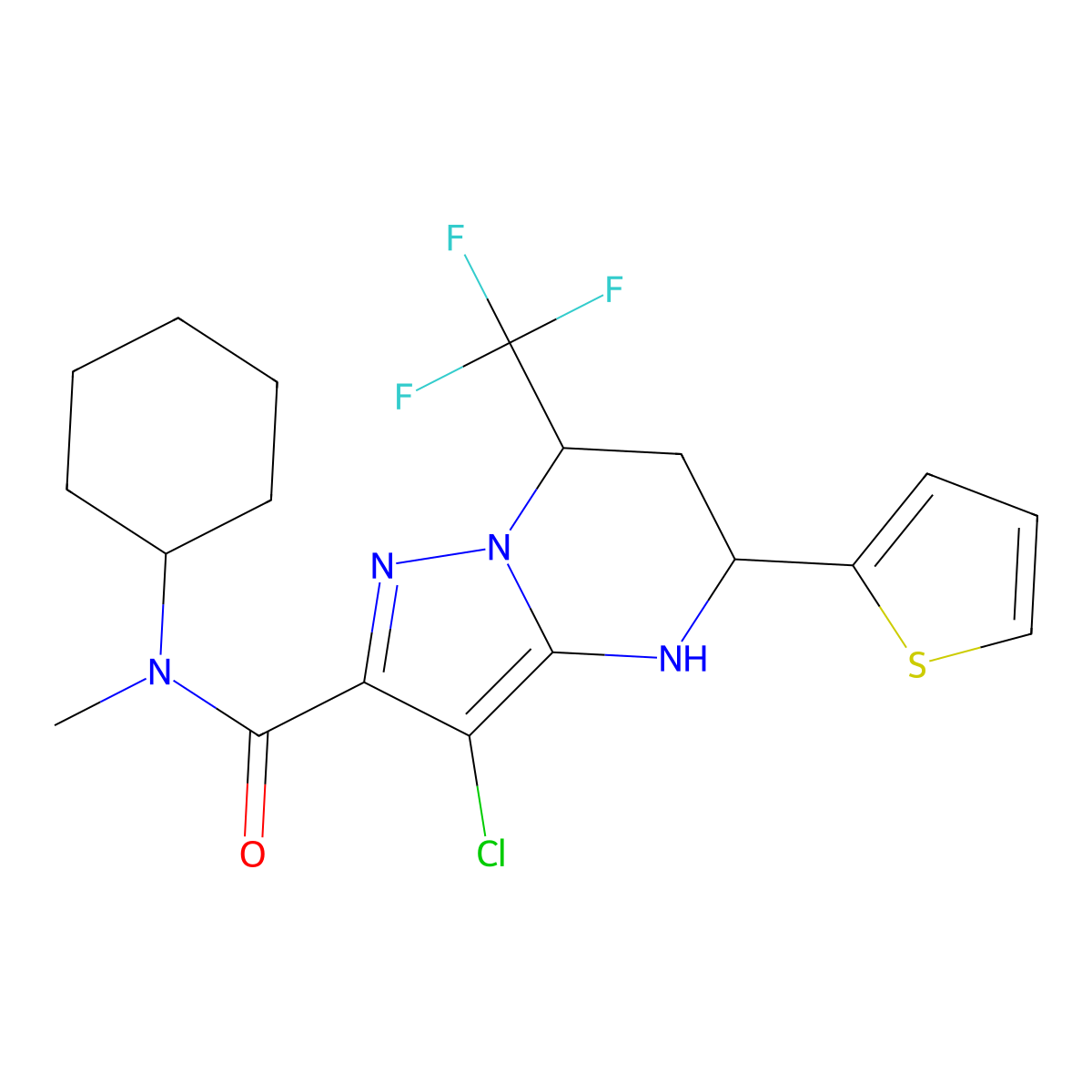 3-chloro-N-cyclohexyl-N-methyl-5-(thiophen-2-yl)-7-(trifluoromethyl)-4,5,6,7-tetrahydropyrazolo[1,5-a]pyrimidine-2-carboxamide molecular structure, CAS 312935-12-9