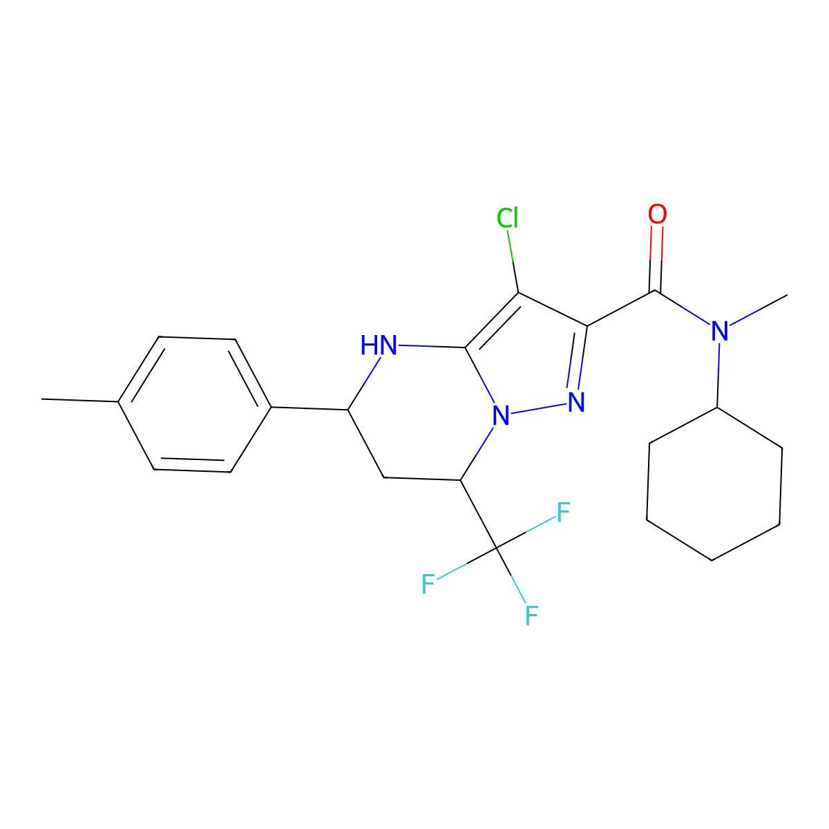 3-chloro-N-cyclohexyl-N-methyl-5-(p-tolyl)-7-(trifluoromethyl)-4,5,6,7-tetrahydropyrazolo[1,5-a]pyrimidine-2-carboxamide molecular structure, CAS 312935-27-6
