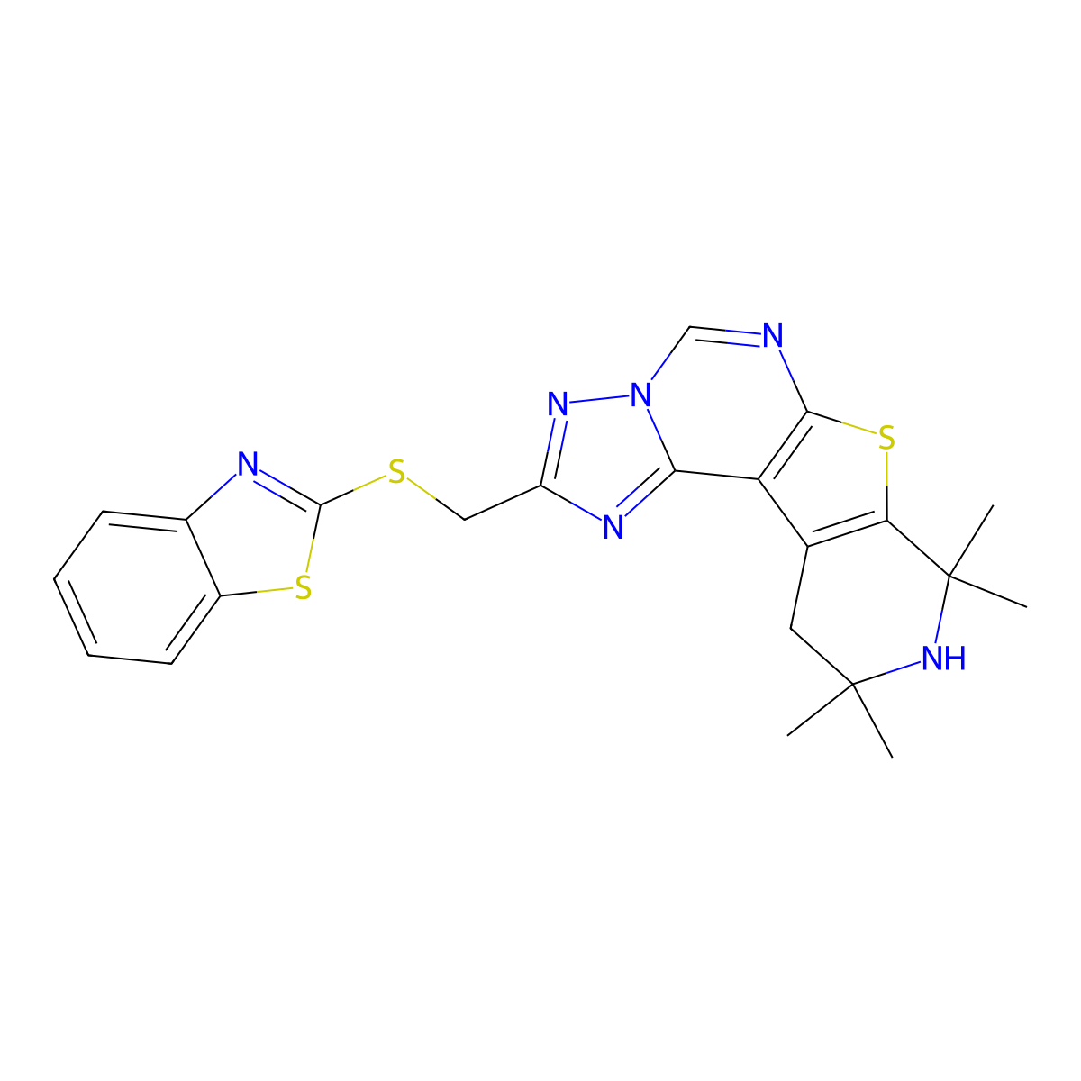 2-((Benzo[d]thiazol-2-ylthio)methyl)-8,8,10,10-tetramethyl-8,9,10,11-tetrahydropyrido[4',3':4,5]thieno[3,2-e][1,2,4]triazolo[1,5-c]pyrimidine molecular structure, CAS 312938-02-6