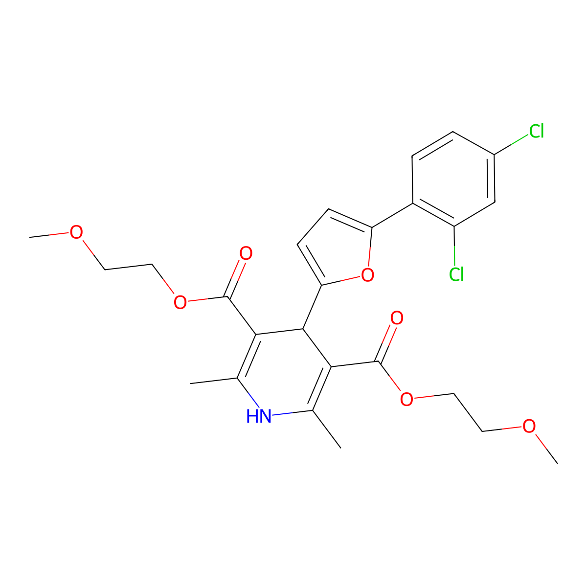 Bis(2-methoxyethyl) 4-(5-(2,4-dichlorophenyl)-2-furyl)-2,6-dimethyl-1,4-dihydro-3,5-pyridinedicarboxylate molecular structure, CAS 312938-38-8