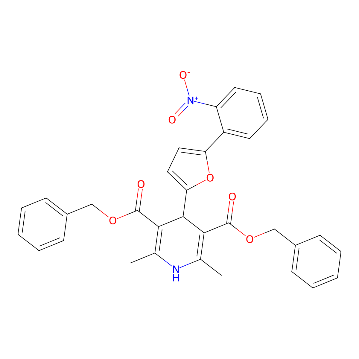 Dibenzyl 2,6-dimethyl-4-[5-(2-nitrophenyl)-2-furyl]-1,4-dihydro-3,5-pyridinedicarboxylate molecular structure, CAS 312938-39-9