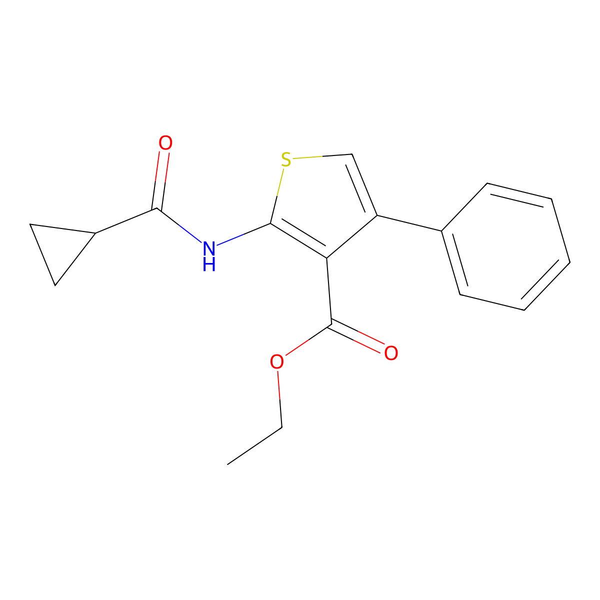 Ethyl 2-(cyclopropanecarbonylamino)-4-phenylthiophene-3-carboxylate molecular structure, CAS 312939-67-6