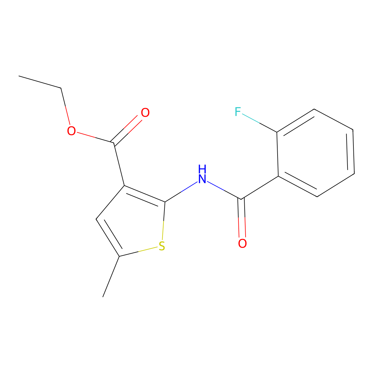 Ethyl 2-(2-fluorobenzamido)-5-methylthiophene-3-carboxylate molecular structure, CAS 312939-91-6