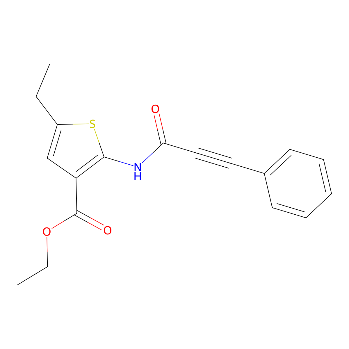 Ethyl 5-ethyl-2-(3-phenylpropiolamido)thiophene-3-carboxylate molecular structure, CAS 312940-26-4
