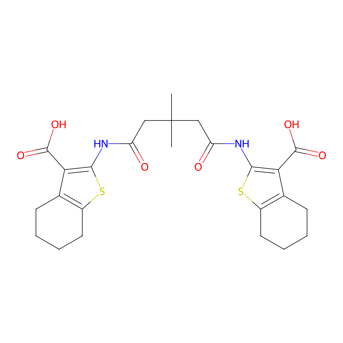 2-[[5-[(3-Carboxy-4,5,6,7-tetrahydro-1-benzothiophen-2-yl)amino]-3,3-dimethyl-5-oxopentanoyl]amino]-4,5,6,7-tetrahydro-1-benzothiophene-3-carboxylic acid molecular structure, CAS 312940-52-6