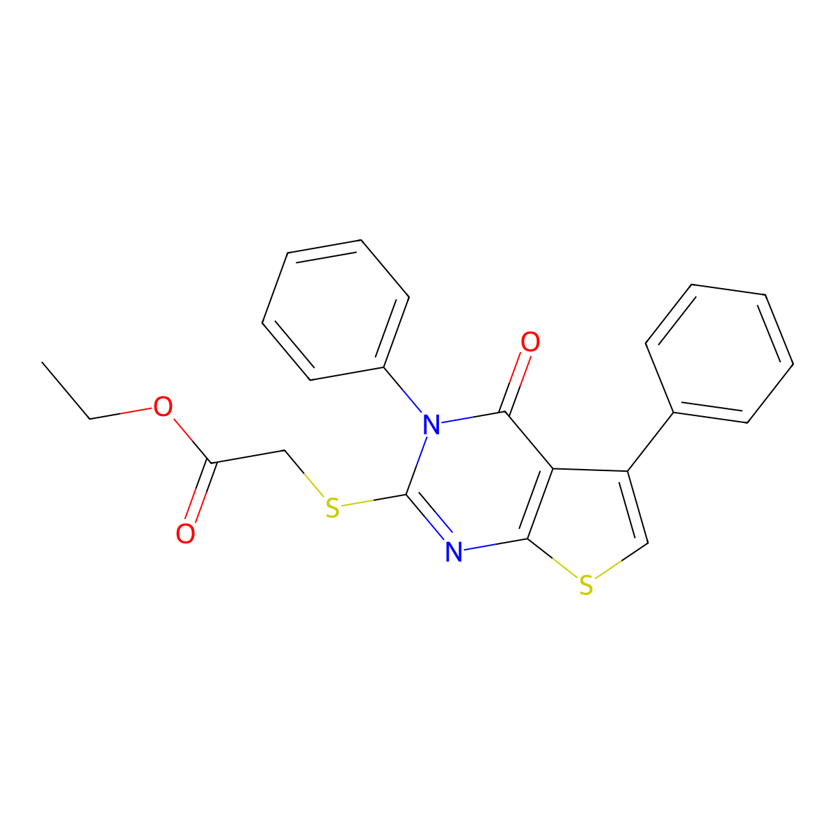 Ethyl 2-((4-oxo-3,5-diphenyl-3,4-dihydrothieno[2,3-d]pyrimidin-2-yl)thio)acetate molecular structure, CAS 312946-35-3