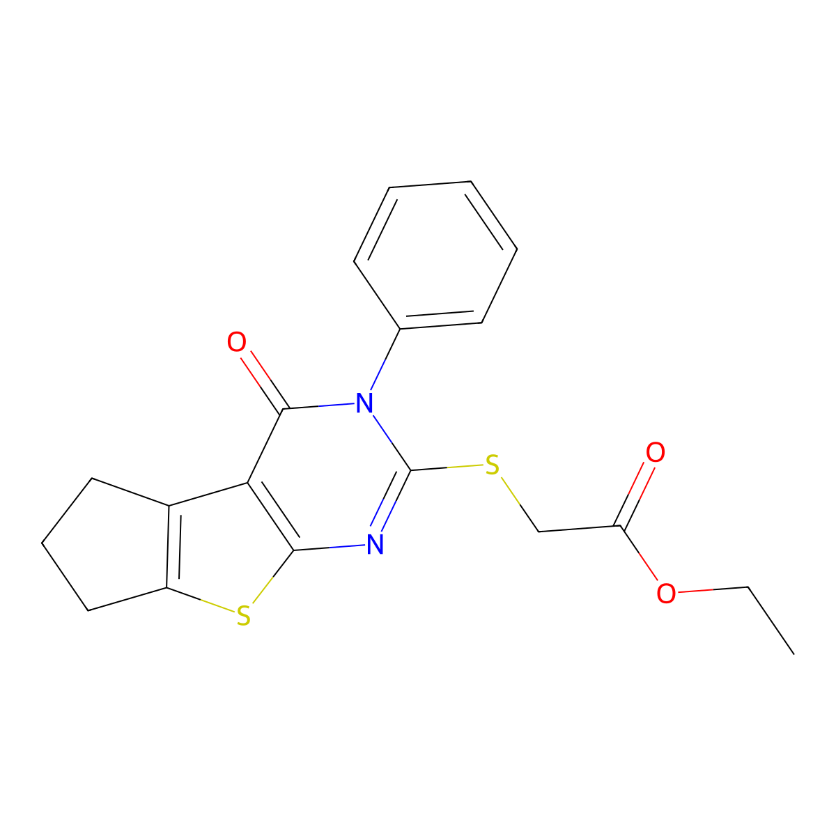 ethyl [(4-oxo-3-phenyl-3,5,6,7-tetrahydro-4H-cyclopenta[4,5]thieno[2,3-d]pyrimidin-2-yl)sulfanyl]acetate molecular structure, CAS 312946-36-4