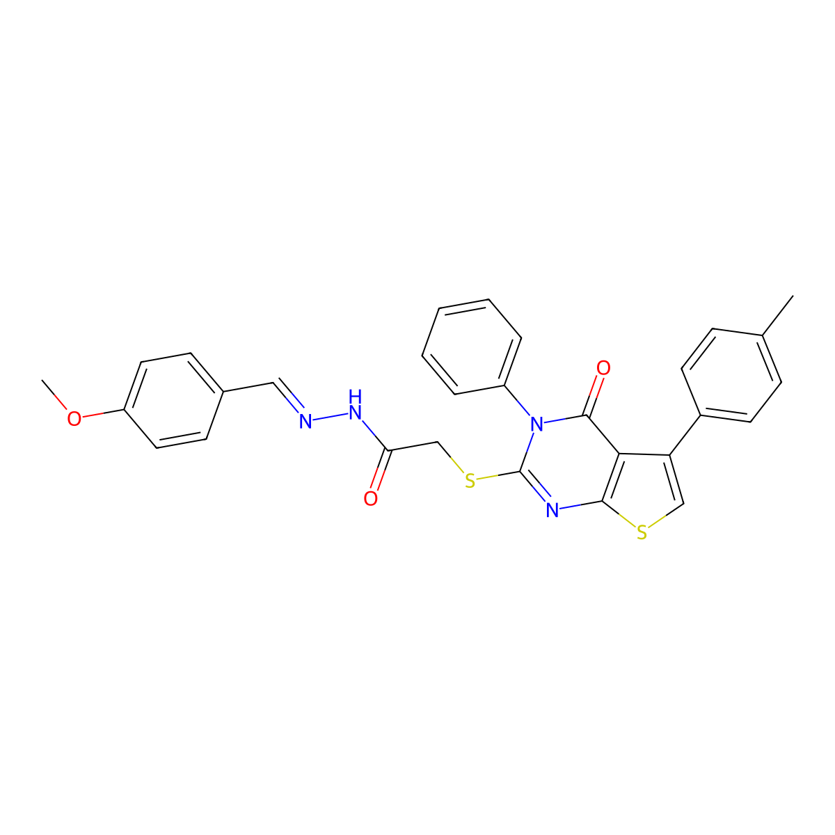 2-[[3,4-Dihydro-5-(4-methylphenyl)-4-oxo-3-phenylthieno[2,3-d]pyrimidin-2-yl]thio]acetic acid 2-[(4-methoxyphenyl)methylene]hydrazide molecular structure, CAS 312946-38-6