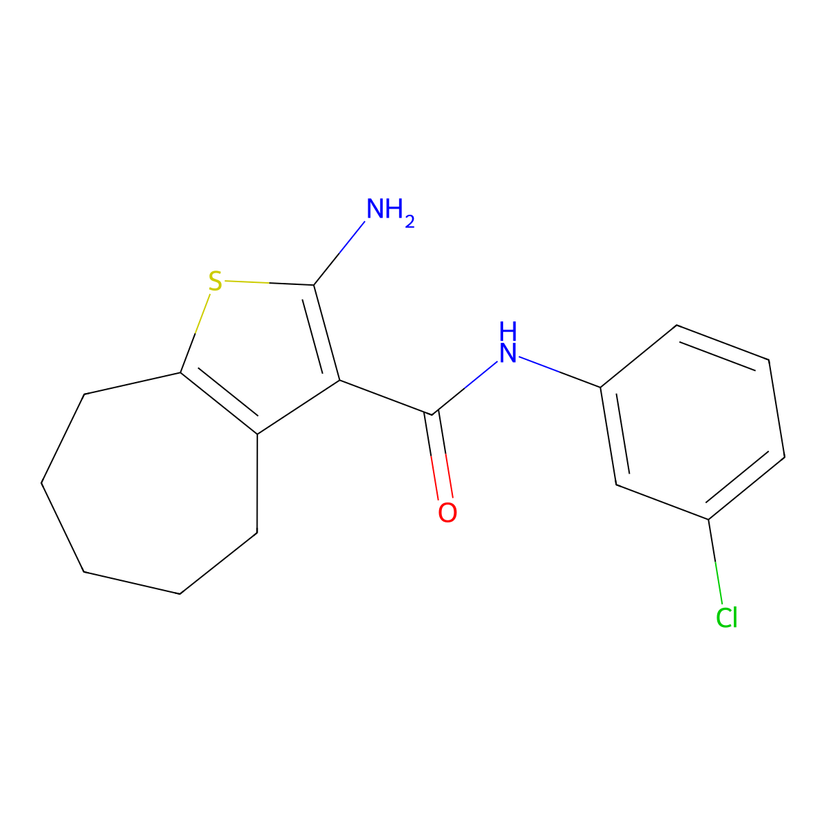 2-amino-N-(3-chlorophenyl)-5,6,7,8-tetrahydro-4H-cyclohepta[b]thiophene-3-carboxamide molecular structure, CAS 312949-34-1