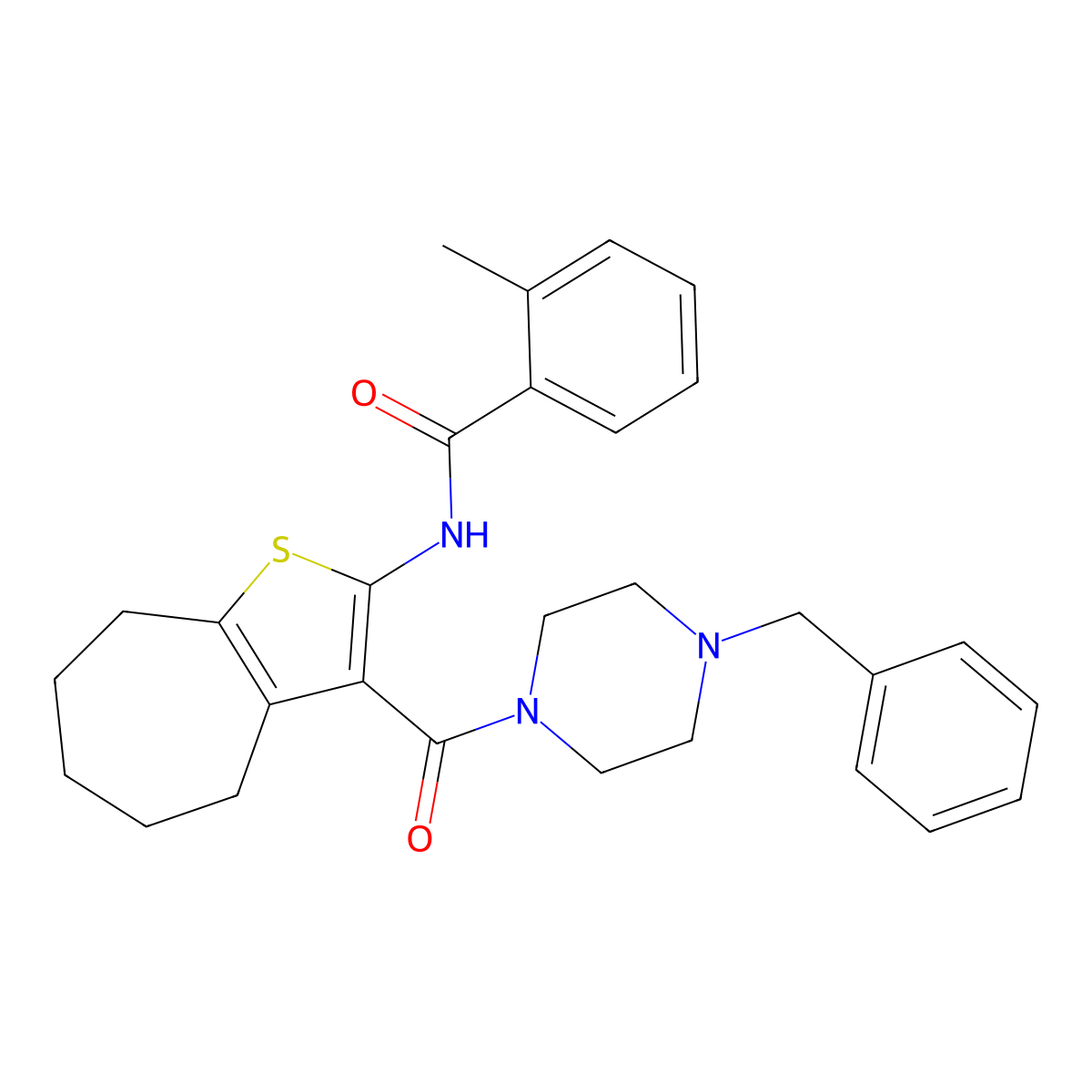 N-[3-(4-benzylpiperazine-1-carbonyl)-5,6,7,8-tetrahydro-4H-cyclohepta[b]thiophen-2-yl]-2-methylbenzamide molecular structure, CAS 312949-82-9