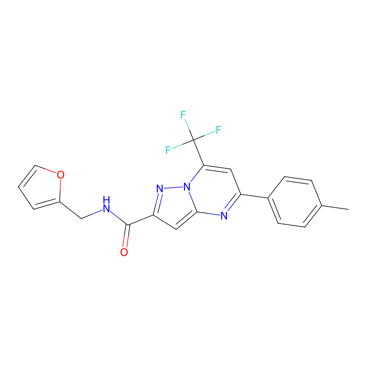 N-(furan-2-ylmethyl)-5-(4-methylphenyl)-7-(trifluoromethyl)pyrazolo[1,5-a]pyrimidine-2-carboxamide molecular structure, CAS 312952-51-5