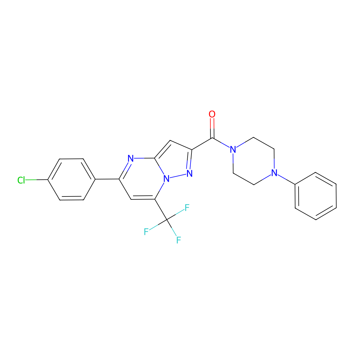 [5-(4-Chlorophenyl)-7-(trifluoromethyl)pyrazolo[1,5-a]pyrimidin-2-yl]-(4-phenylpiperazin-1-yl)methanone molecular structure, CAS 312953-19-8
