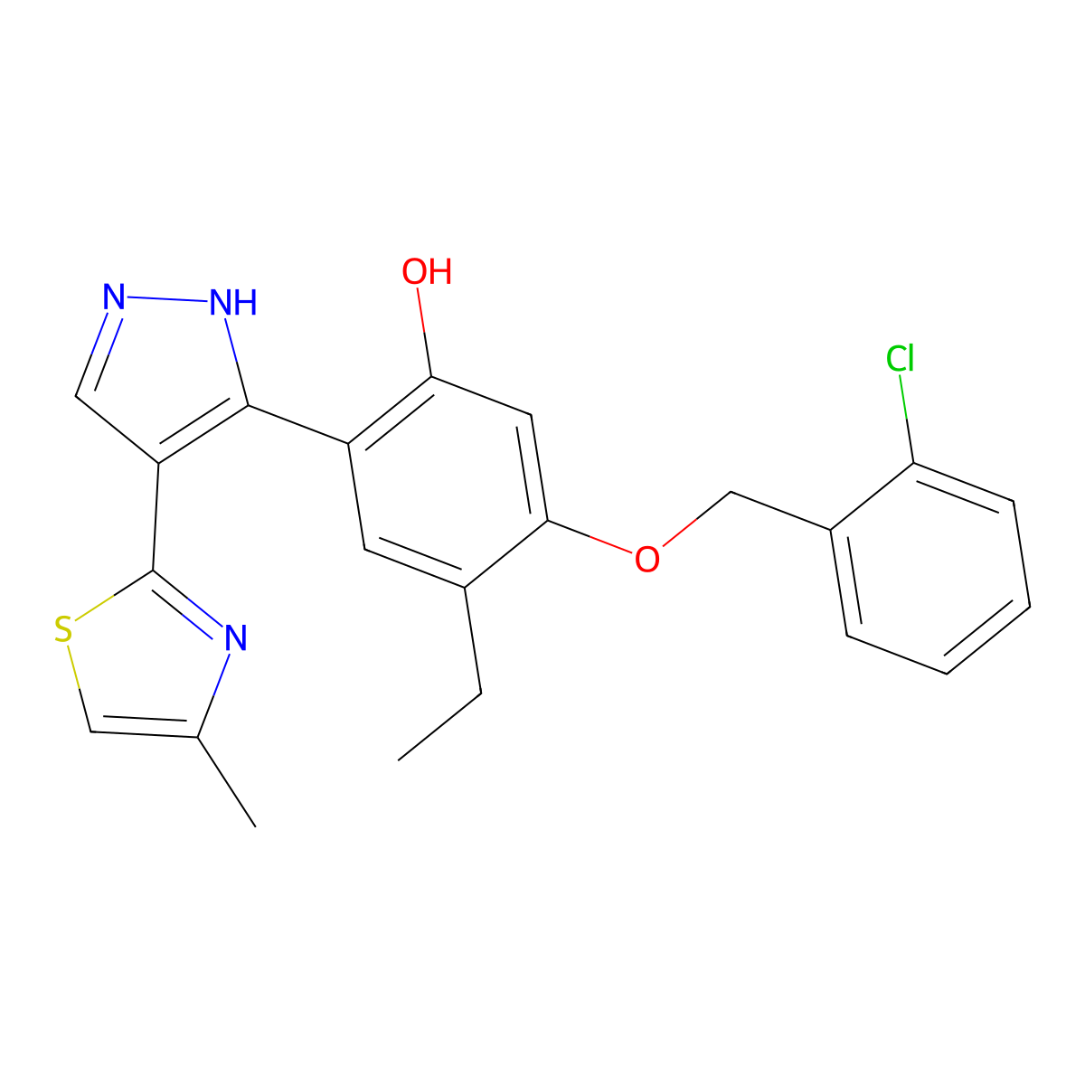 5-[(2-chlorobenzyl)oxy]-4-ethyl-2-[4-(4-methyl-1,3-thiazol-2-yl)-1H-pyrazol-3-yl]phenol molecular structure, CAS 313050-10-1