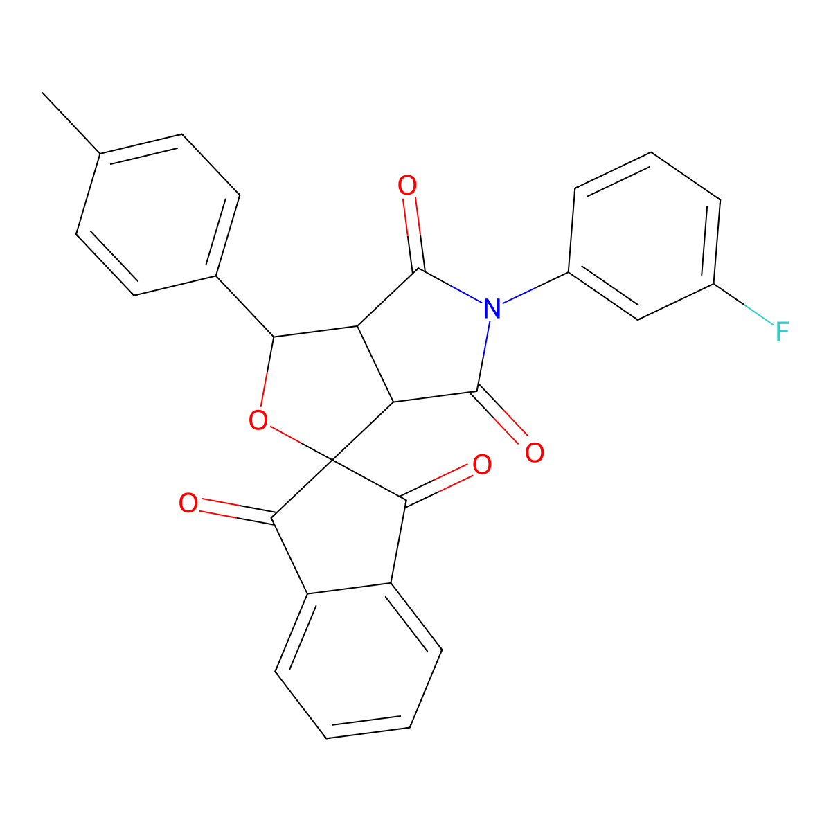5-(3-fluorophenyl)-1-(4-methylphenyl)spiro[3a,6a-dihydro-1H-furo[3,4-c]pyrrole-3,2'-indene]-1',3',4,6-tetrone molecular structure, CAS 313062-65-6