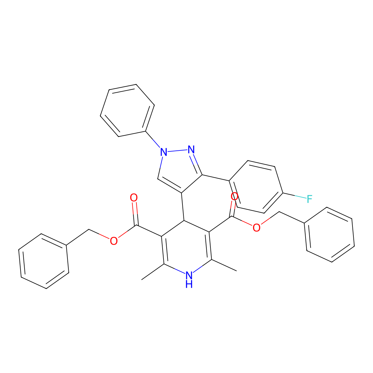 dibenzyl 4-(3-(4-fluorophenyl)-1-phenyl-1H-pyrazol-4-yl)-2,6-dimethyl-1,4-dihydropyridine-3,5-dicarboxylate molecular structure, CAS 313062-89-4