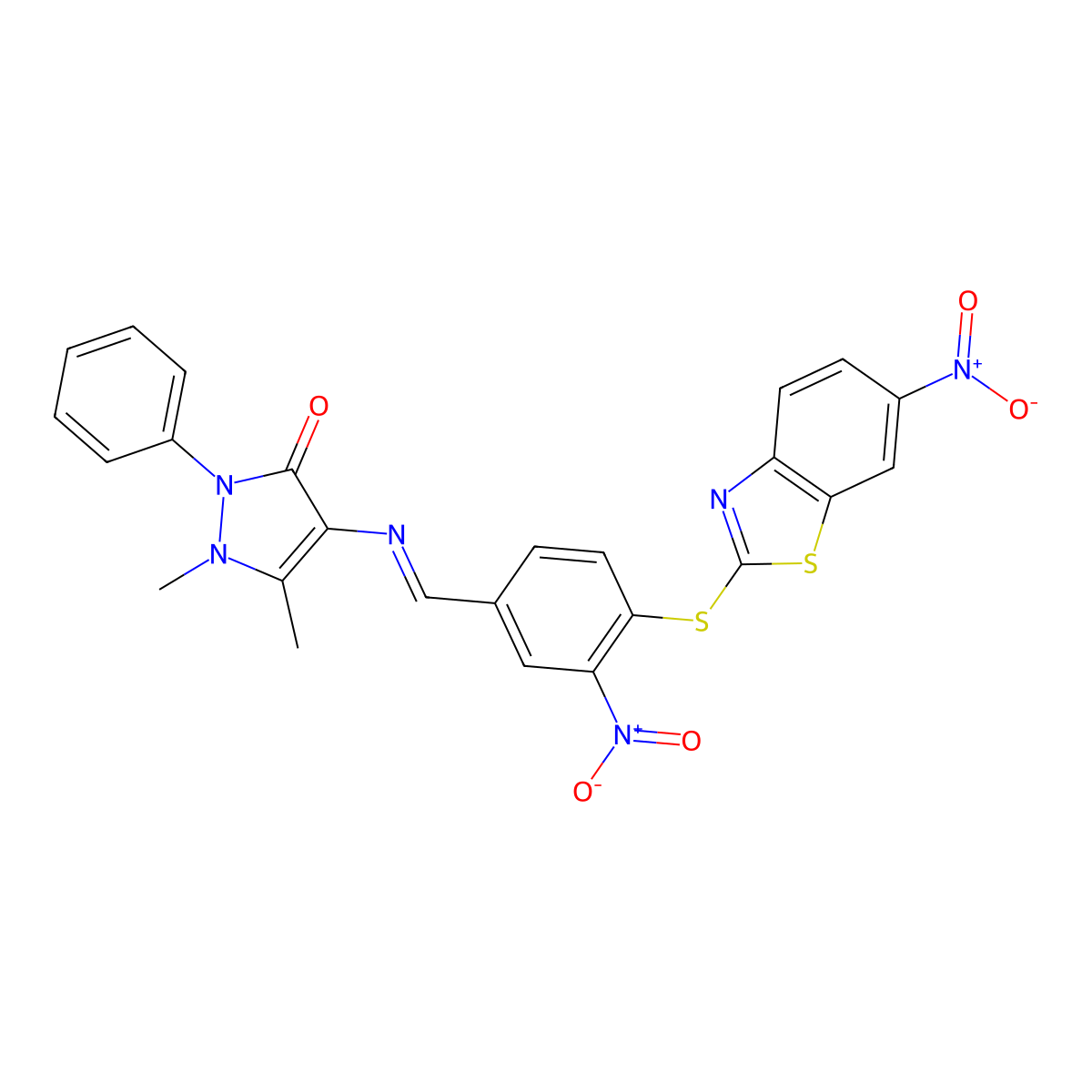 1,5-Dimethyl-4-[[3-nitro-4-[(6-nitro-1,3-benzothiazol-2-yl)sulfanyl]phenyl]methylideneamino]-2-phenylpyrazol-3-one molecular structure, CAS 313067-64-0