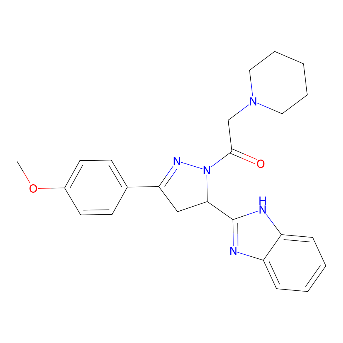 1-(5-(1H-benzo[d]imidazol-2-yl)-3-(4-methoxyphenyl)-4,5-dihydro-1H-pyrazol-1-yl)-2-(piperidin-1-yl)ethanone molecular structure, CAS 313226-65-2