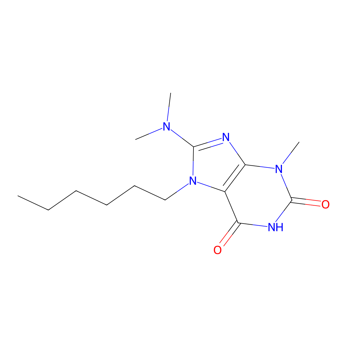 8-(Dimethylamino)-7-hexyl-3-methylpurine-2,6-dione molecular structure, CAS 313230-32-9