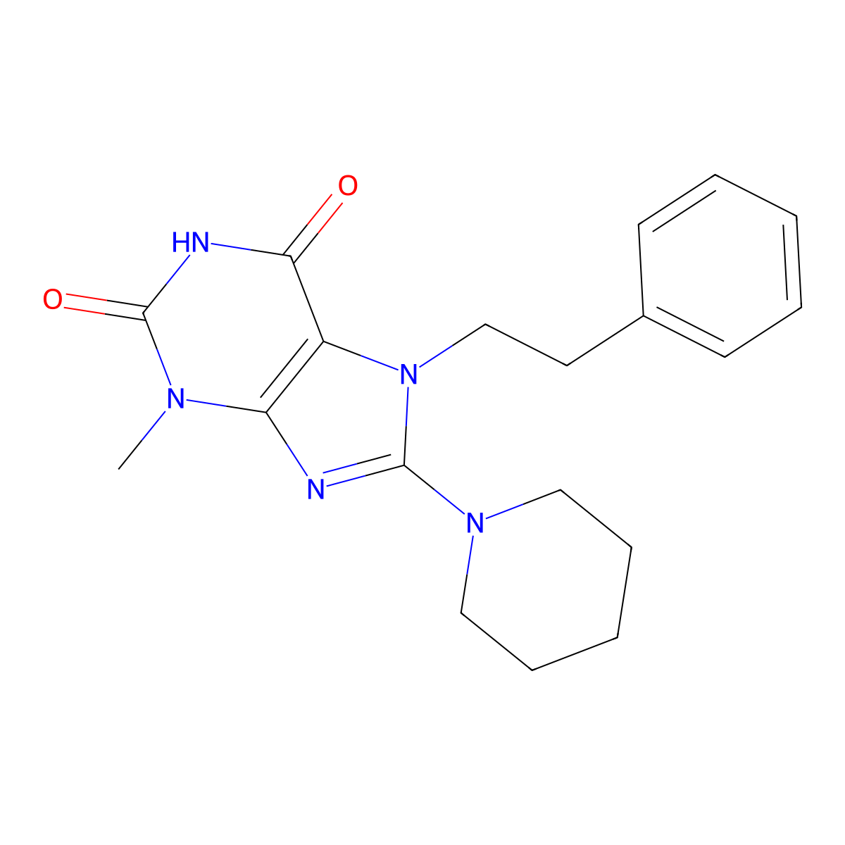 3-methyl-7-phenethyl-8-(piperidin-1-yl)-1H-purine-2,6(3H,7H)-dione molecular structure, CAS 313230-33-0