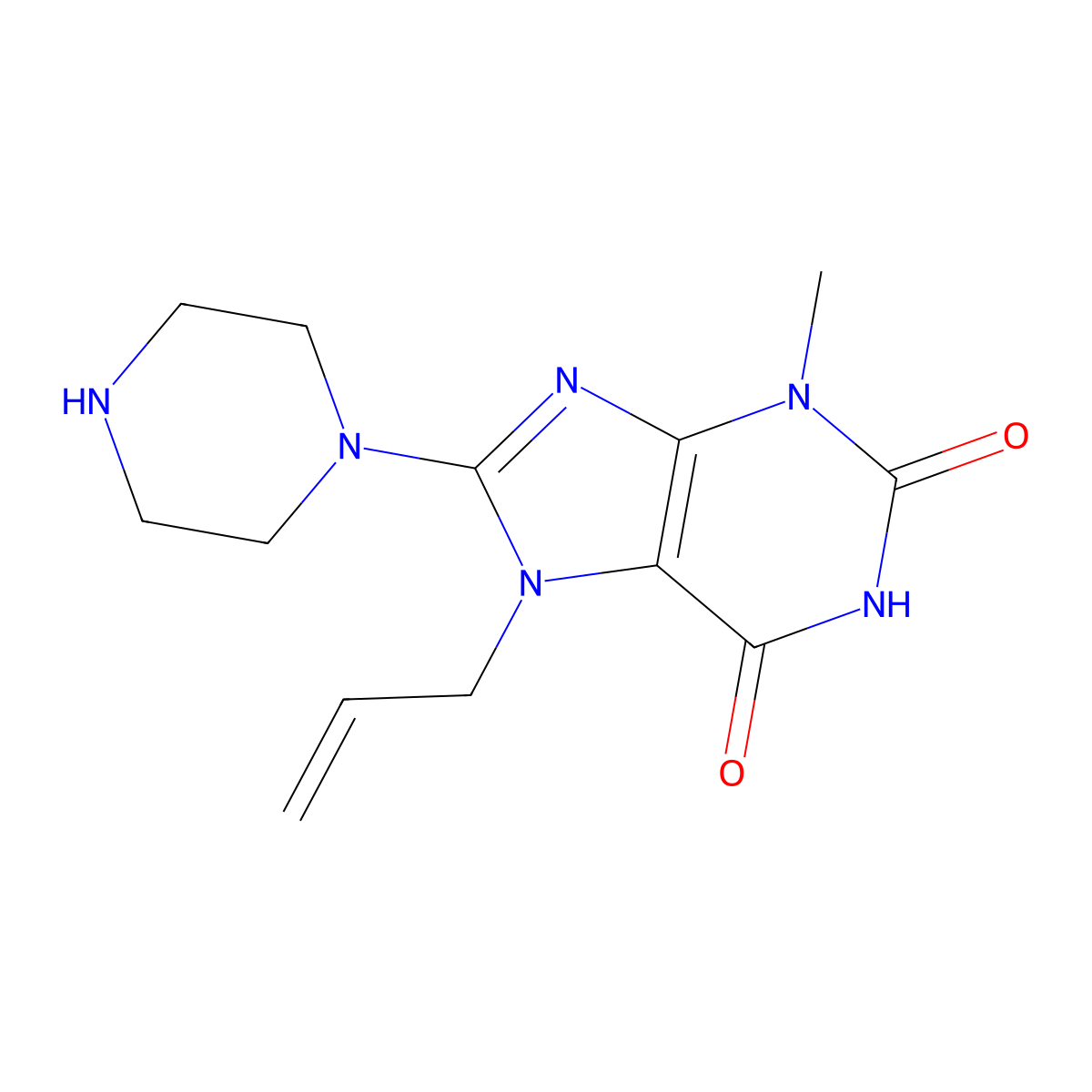 3-Methyl-8-piperazin-1-yl-7-prop-2-enylpurine-2,6-dione molecular structure, CAS 313230-36-3