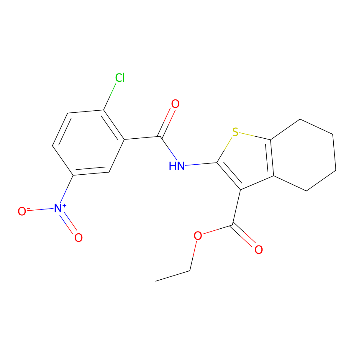 Ethyl 2-(2-chloro-5-nitrobenzamido)-4,5,6,7-tetrahydro-1-benzothiophene-3-carboxylate molecular structure, CAS 313233-80-6