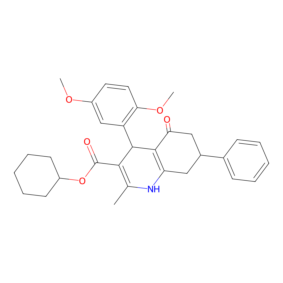 Cyclohexyl 4-(2,5-dimethoxyphenyl)-2-methyl-5-oxo-7-phenyl-1,4,5,6,7,8-hexahydroquinoline-3-carboxylate molecular structure, CAS 313234-00-3