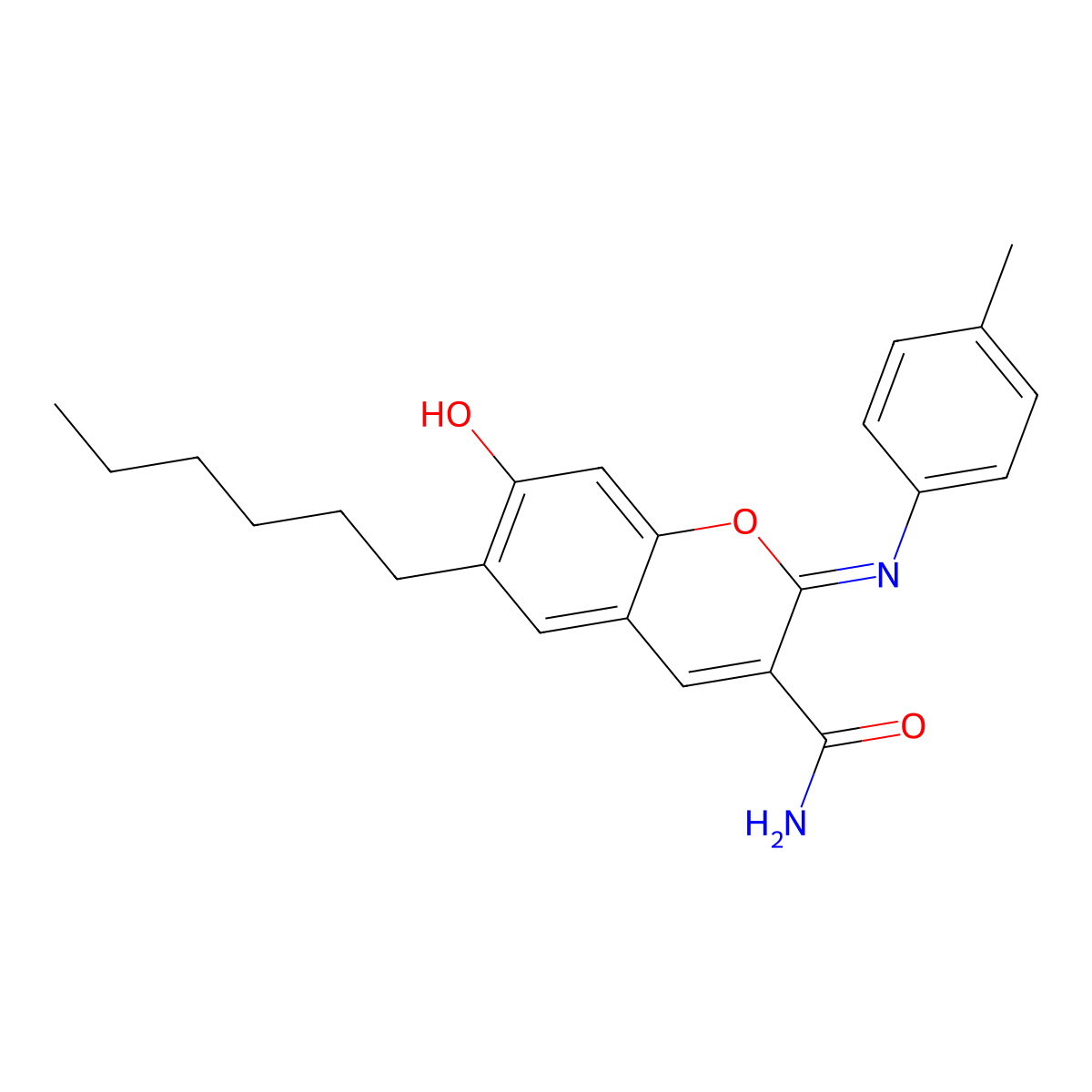 (2Z)-6-hexyl-7-hydroxy-2-[(4-methylphenyl)imino]-2H-chromene-3-carboxamide molecular structure, CAS 313234-21-8