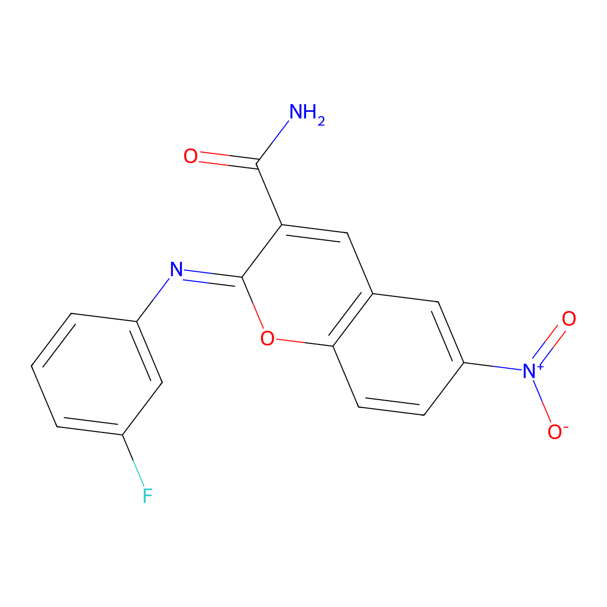 (Z)-2-((3-fluorophenyl)imino)-6-nitro-2H-chromene-3-carboxamide molecular structure, CAS 313234-32-1