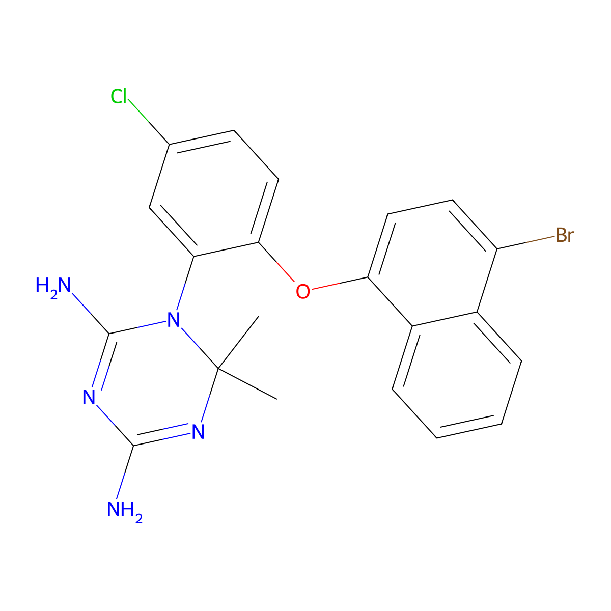 1-{2-[(4-Bromo-1-naphthyl)oxy]-5-chlorophenyl}-6,6-dimethyl-1,6-dihydro-1,3,5-triazine-2,4-diamine molecular structure, CAS 313241-46-2