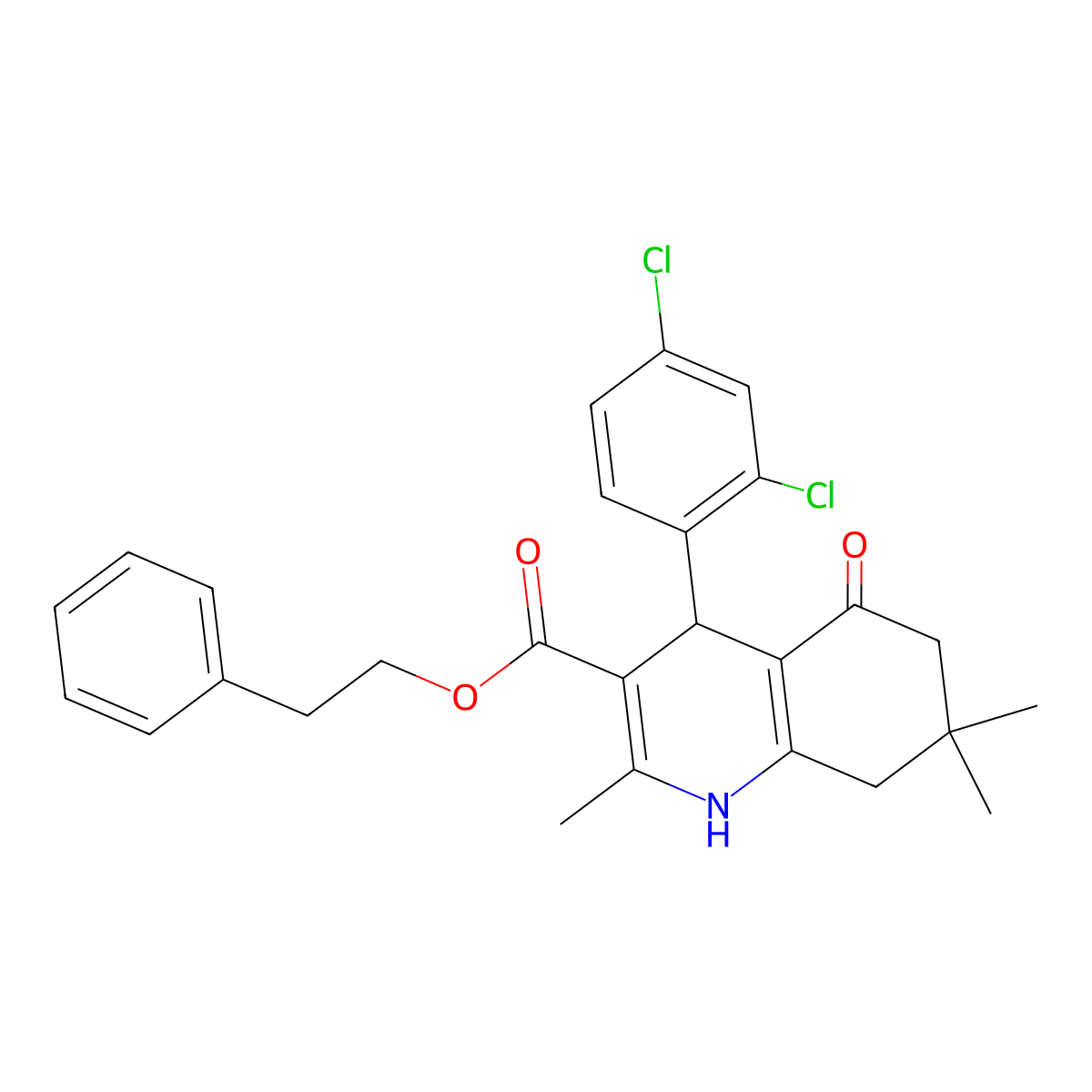 2-Phenylethyl 4-(2,4-dichlorophenyl)-2,7,7-trimethyl-5-oxo-1,4,5,6,7,8-hexahydroquinoline-3-carboxylate molecular structure, CAS 313244-72-3