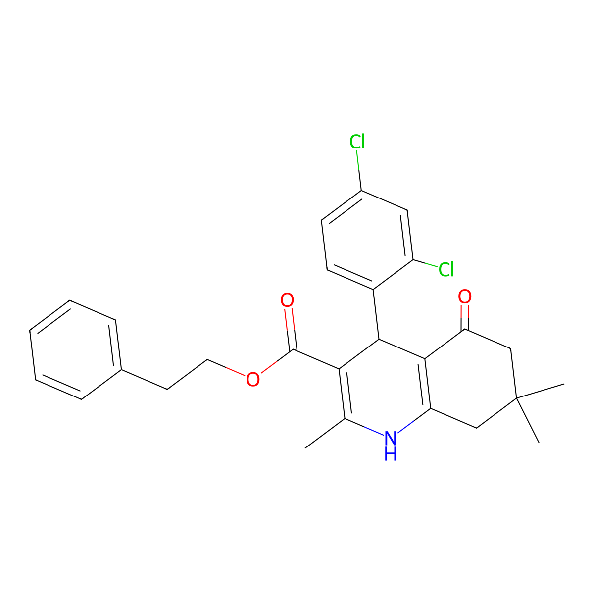 2-Phenylethyl 4-(2,4-dichlorophenyl)-2,7,7-trimethyl-5-oxo-1,4,5,6,7,8-hexahydroquinoline-3-carboxylate molecular structure, CAS 313244-72-3