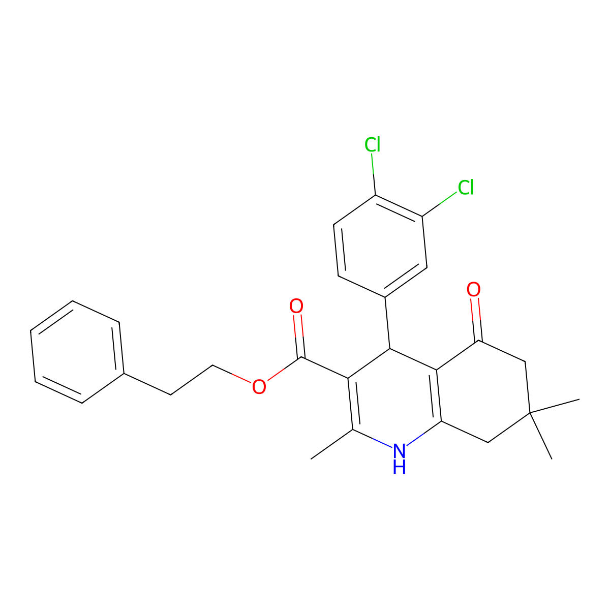 2-Phenylethyl 4-(3,4-dichlorophenyl)-2,7,7-trimethyl-5-oxo-1,4,5,6,7,8-hexahydro-3-quinolinecarboxylate molecular structure, CAS 313244-83-6