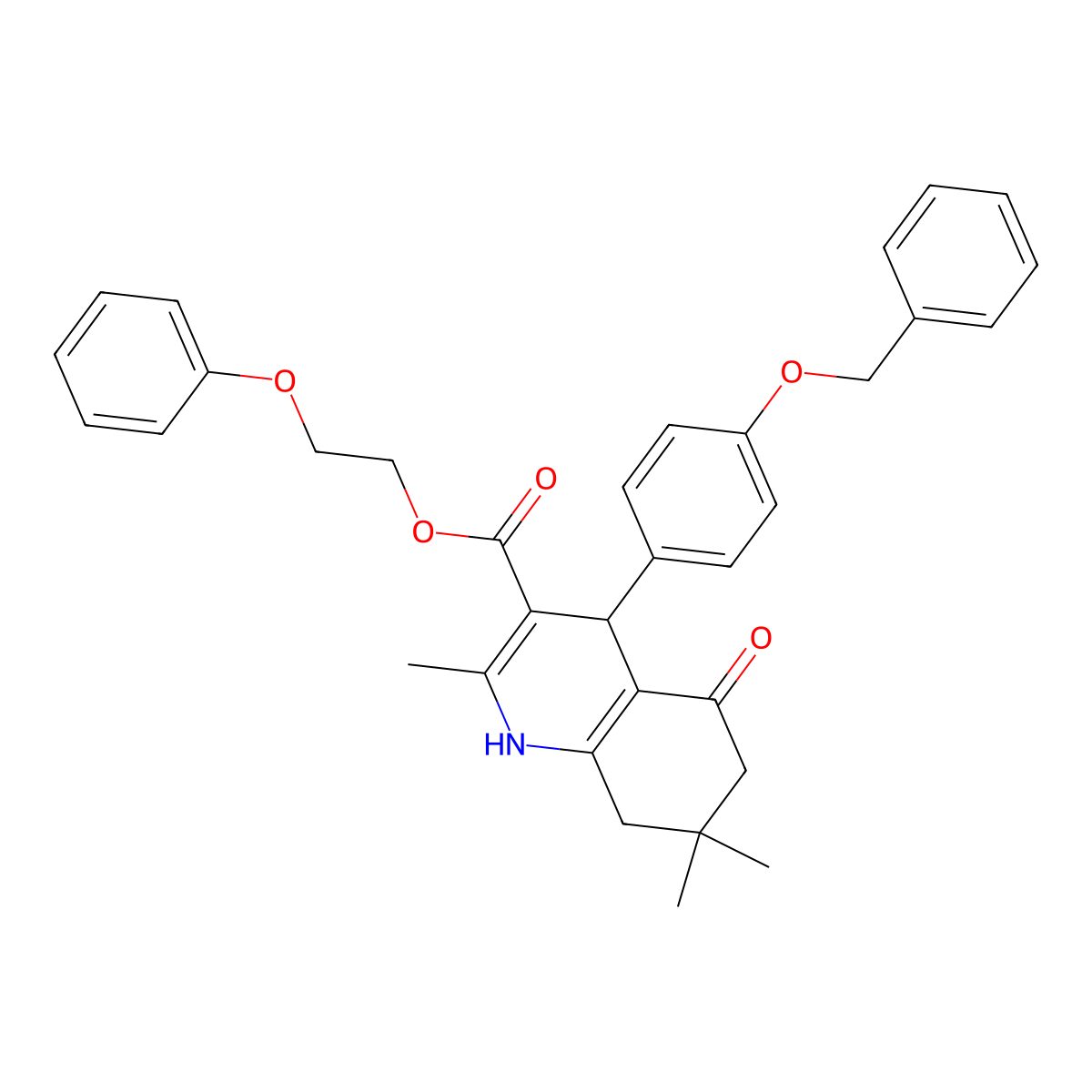 2-Phenoxyethyl 4-(4-(benzyloxy)phenyl)-2,7,7-trimethyl-5-oxo-1,4,5,6,7,8-hexahydroquinoline-3-carboxylate molecular structure, CAS 313244-94-9