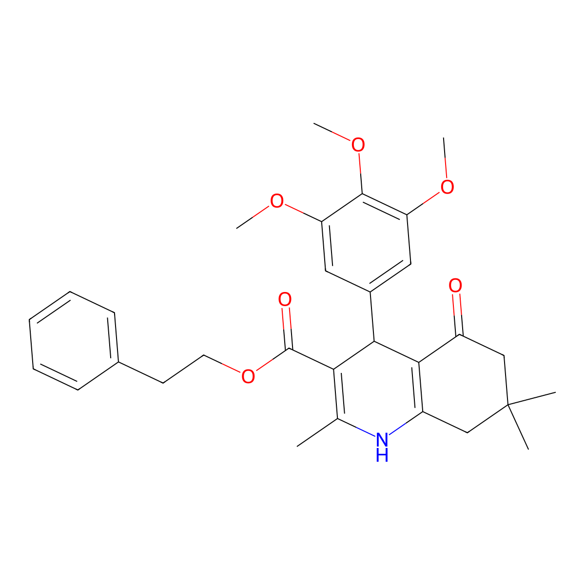 2-Phenylethyl 2,7,7-trimethyl-5-oxo-4-(3,4,5-trimethoxyphenyl)-1,4,5,6,7,8-hexahydroquinoline-3-carboxylate molecular structure, CAS 313244-99-4