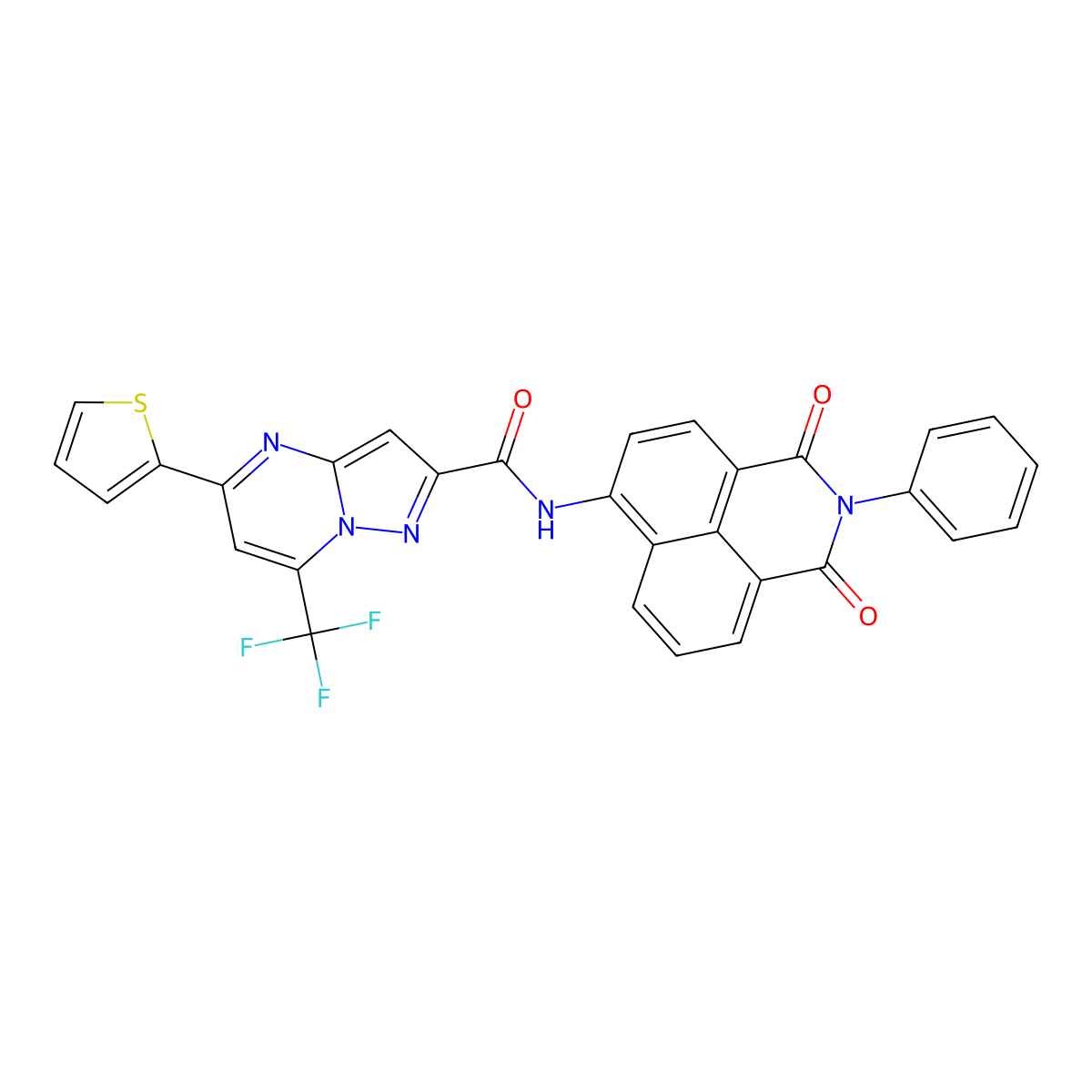 N-(1,3-dioxo-2-phenyl-2,3-dihydro-1H-benzo[de]isoquinolin-6-yl)-5-(thiophen-2-yl)-7-(trifluoromethyl)pyrazolo[1,5-a]pyrimidine-2-carboxamide molecular structure, CAS 313245-38-4