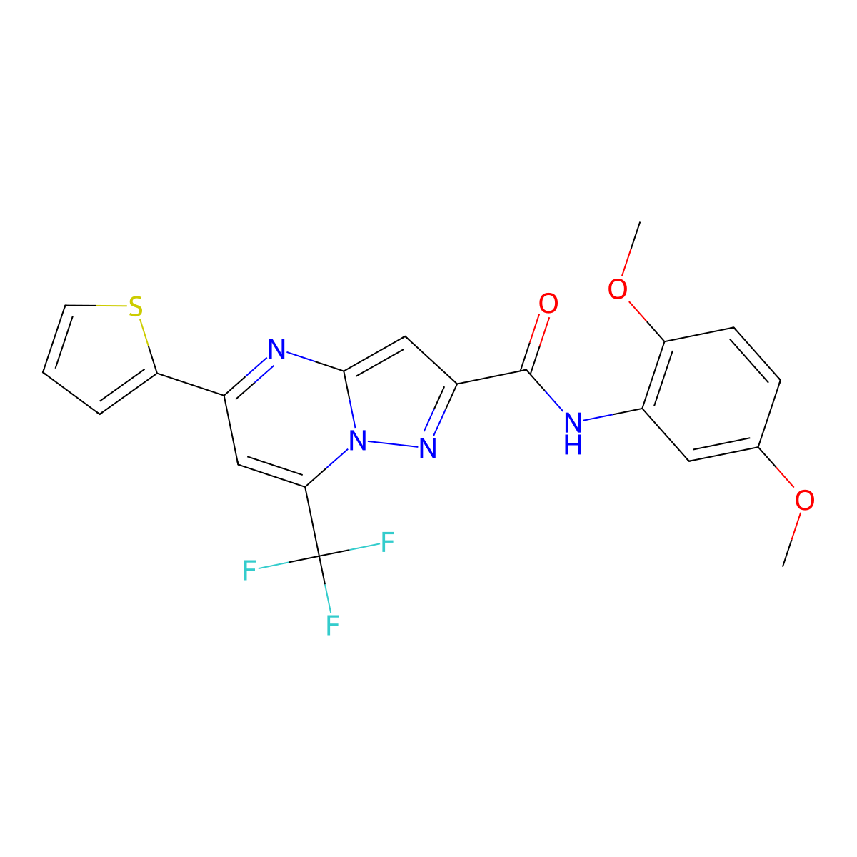 N-(2,5-dimethoxyphenyl)-5-(thiophen-2-yl)-7-(trifluoromethyl)pyrazolo[1,5-a]pyrimidine-2-carboxamide molecular structure, CAS 313245-39-5
