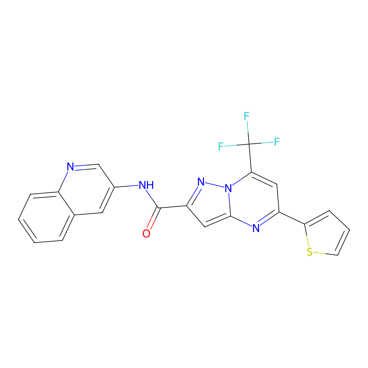 N-(quinolin-3-yl)-5-(thiophen-2-yl)-7-(trifluoromethyl)pyrazolo[1,5-a]pyrimidine-2-carboxamide molecular structure, CAS 313245-41-9