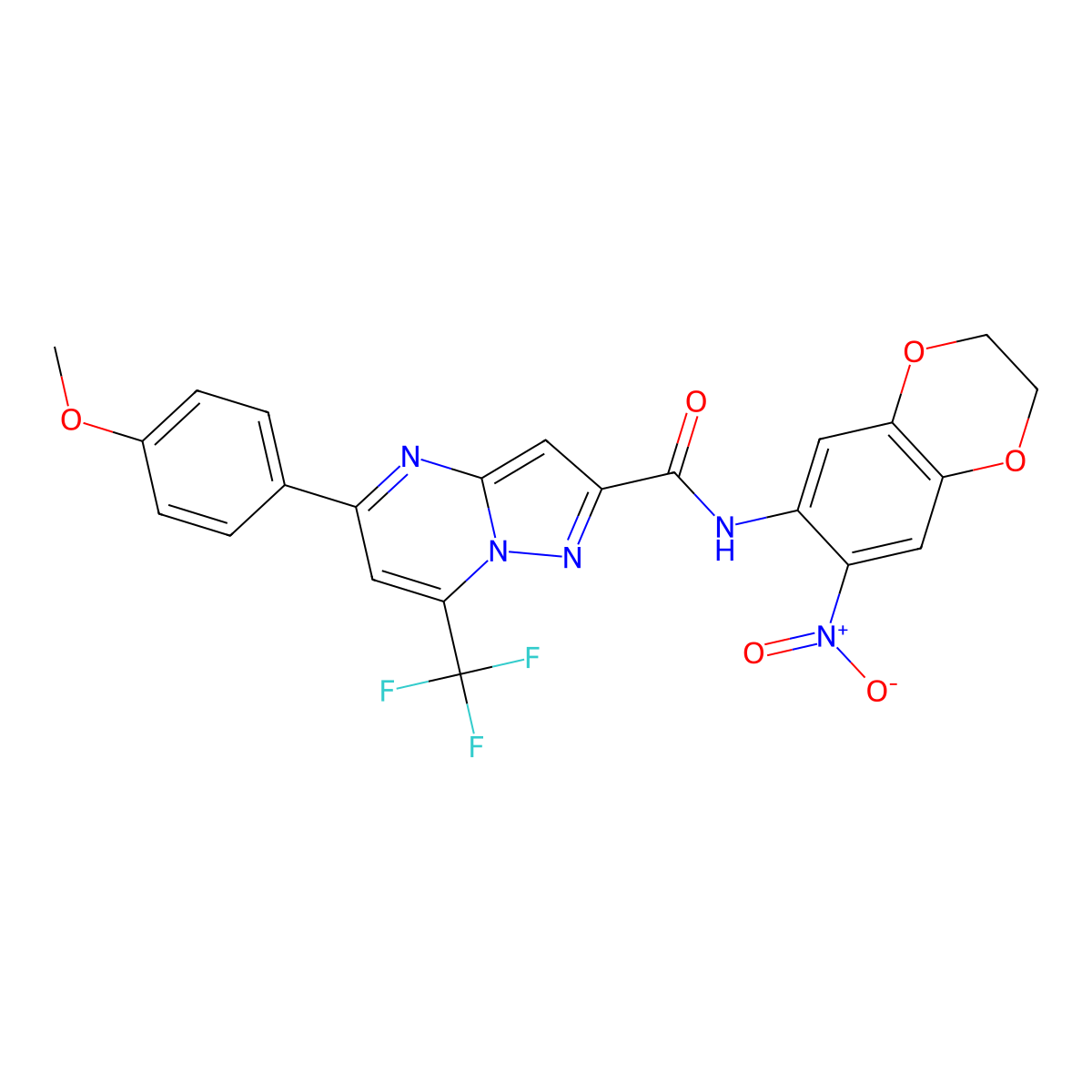 5-(4-methoxyphenyl)-N-(7-nitro-2,3-dihydrobenzo[b][1,4]dioxin-6-yl)-7-(trifluoromethyl)pyrazolo[1,5-a]pyrimidine-2-carboxamide molecular structure, CAS 313245-48-6