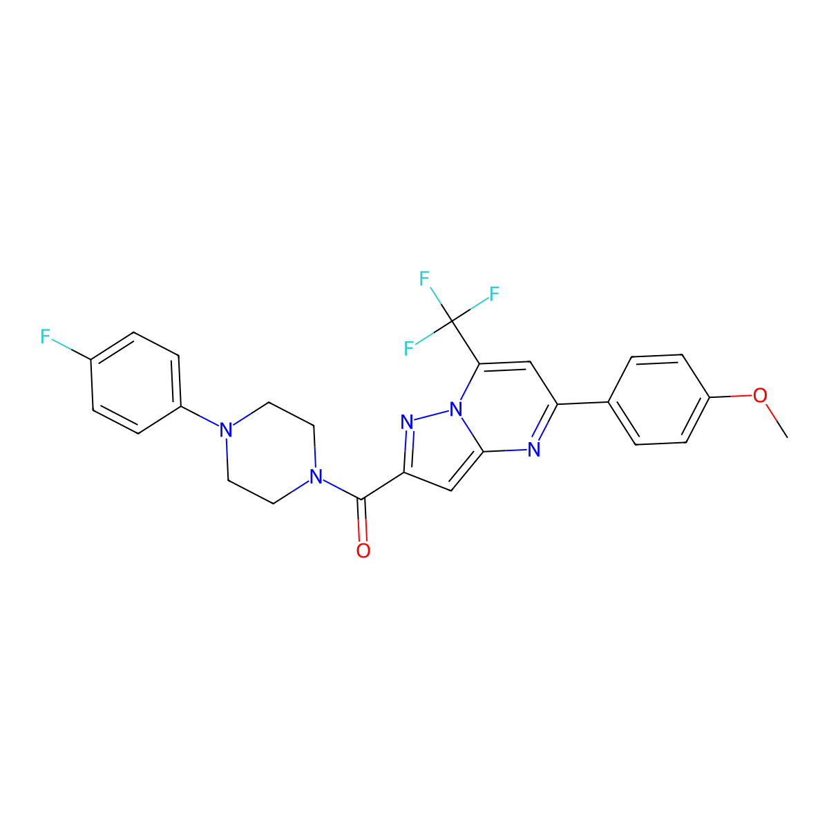 (4-(4-Fluorophenyl)piperazin-1-yl)(5-(4-methoxyphenyl)-7-(trifluoromethyl)pyrazolo[1,5-a]pyrimidin-2-yl)methanone molecular structure, CAS 313245-55-5