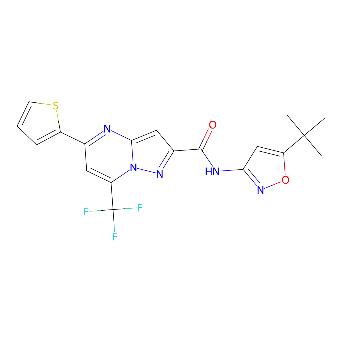 N-(5-(tert-butyl)isoxazol-3-yl)-5-(thiophen-2-yl)-7-(trifluoromethyl)pyrazolo[1,5-a]pyrimidine-2-carboxamide molecular structure, CAS 313245-58-8