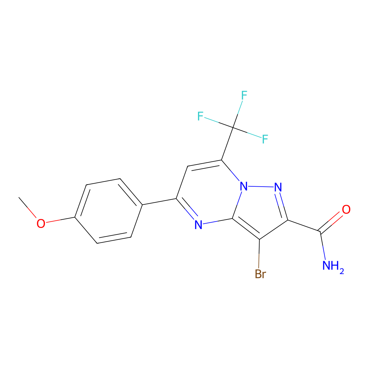 3-Bromo-5-(4-methoxyphenyl)-7-(trifluoromethyl)pyrazolo[1,5-a]pyrimidine-2-carboxamide molecular structure, CAS 313245-65-7