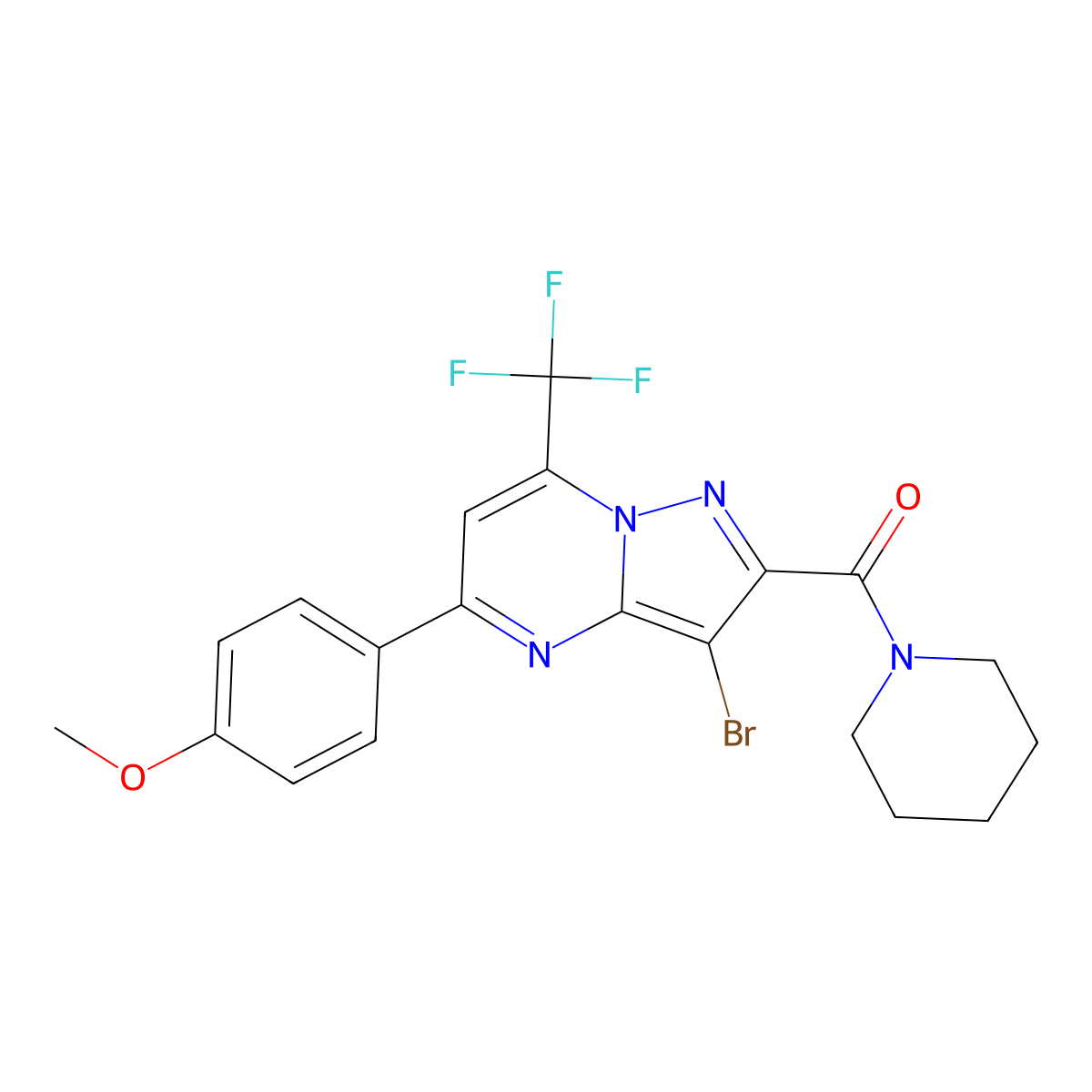 4-[3-Bromo-2-(1-piperidinylcarbonyl)-7-(trifluoromethyl)pyrazolo[1,5-a]pyrimidin-5-yl]phenyl methyl ether molecular structure, CAS 313245-67-9