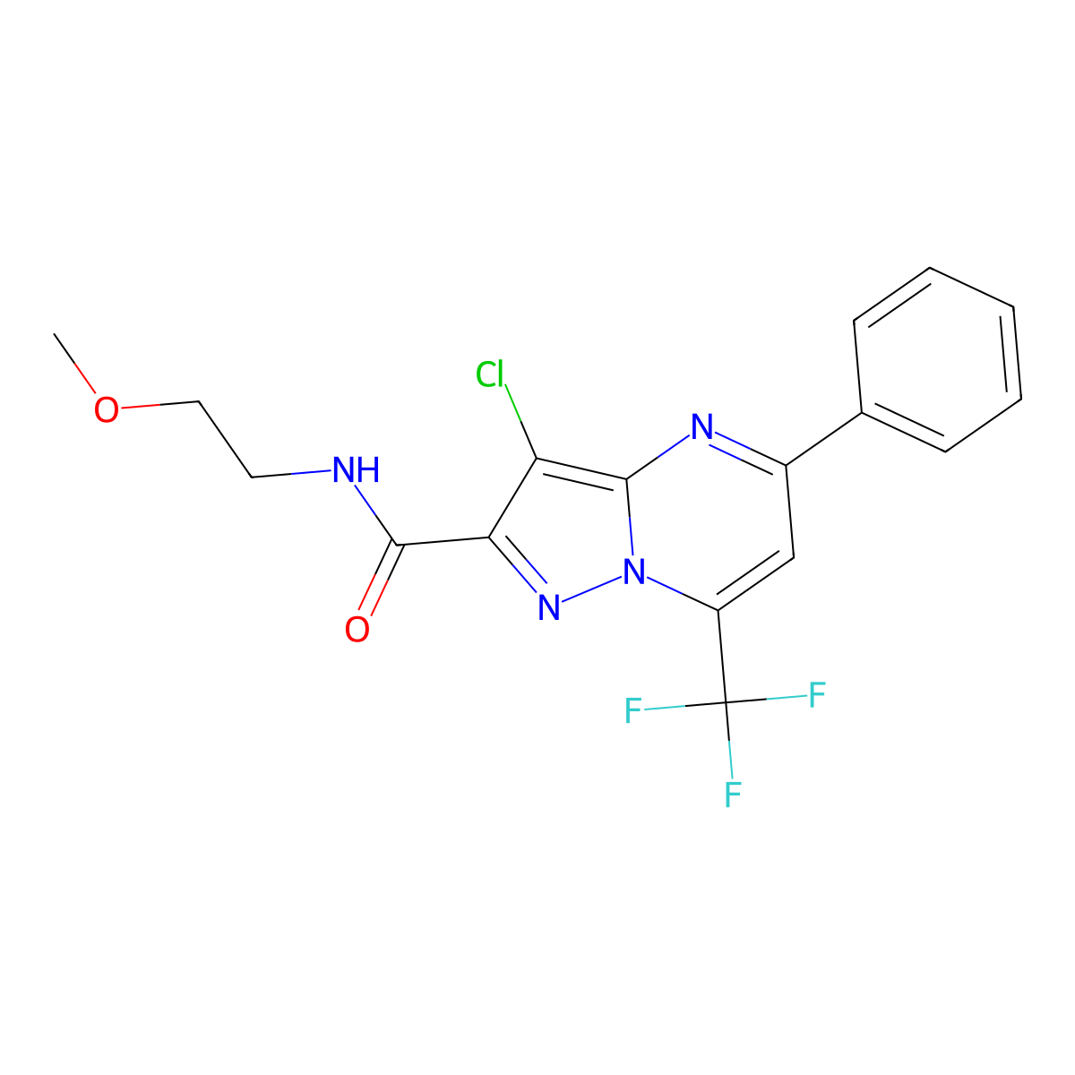 3-chloro-N-(2-methoxyethyl)-5-phenyl-7-(trifluoromethyl)pyrazolo[1,5-a]pyrimidine-2-carboxamide molecular structure, CAS 313245-98-6