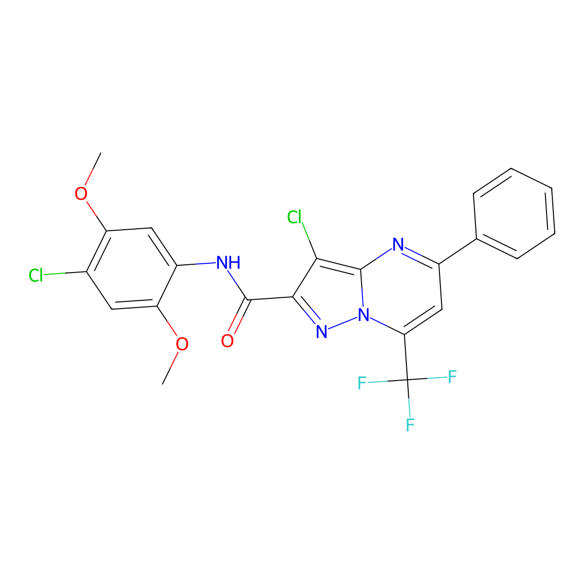 3-chloro-N-(4-chloro-2,5-dimethoxyphenyl)-5-phenyl-7-(trifluoromethyl)pyrazolo[1,5-a]pyrimidine-2-carboxamide molecular structure, CAS 313246-18-3