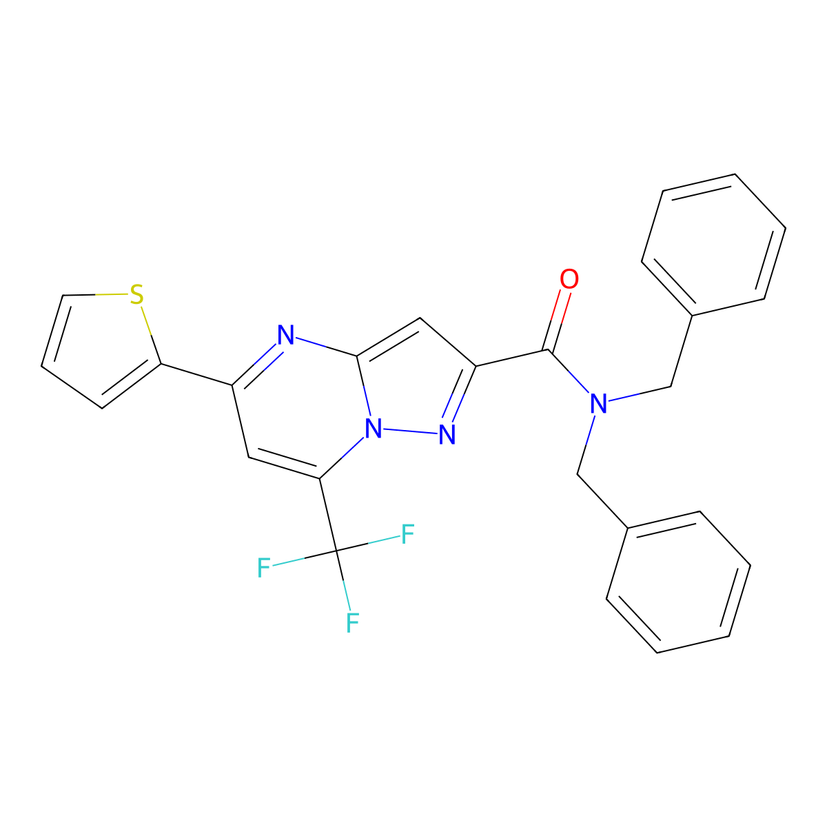 N,N-dibenzyl-5-(thiophen-2-yl)-7-(trifluoromethyl)pyrazolo[1,5-a]pyrimidine-2-carboxamide molecular structure, CAS 313246-29-6