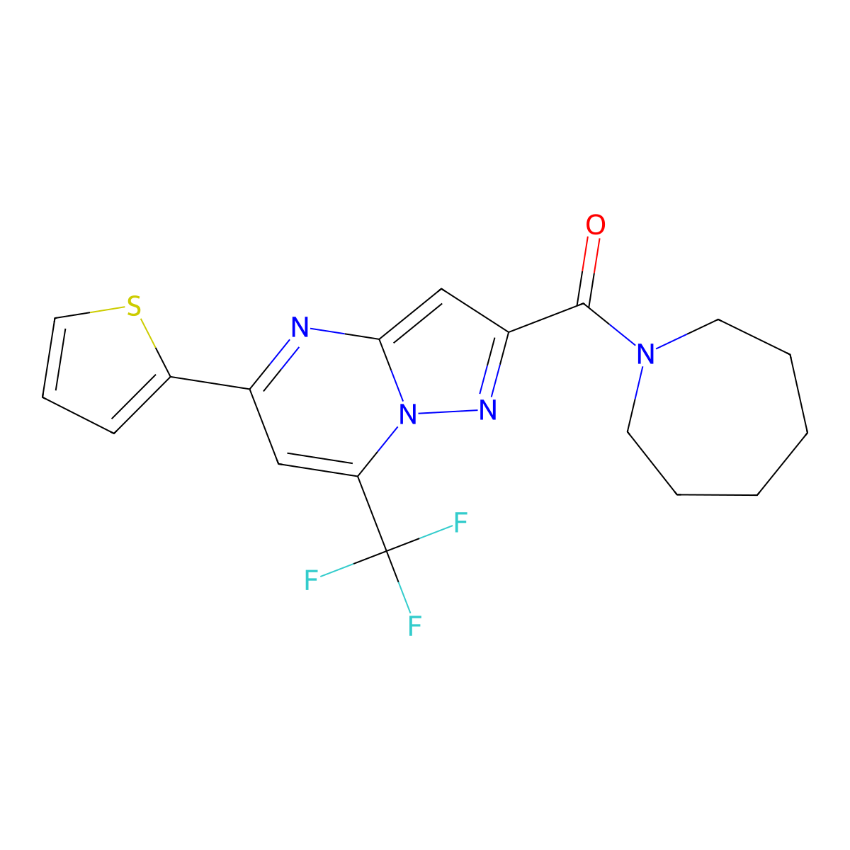 Azepan-1-yl-[5-thiophen-2-yl-7-(trifluoromethyl)pyrazolo[1,5-a]pyrimidin-2-yl]methanone molecular structure, CAS 313246-35-4