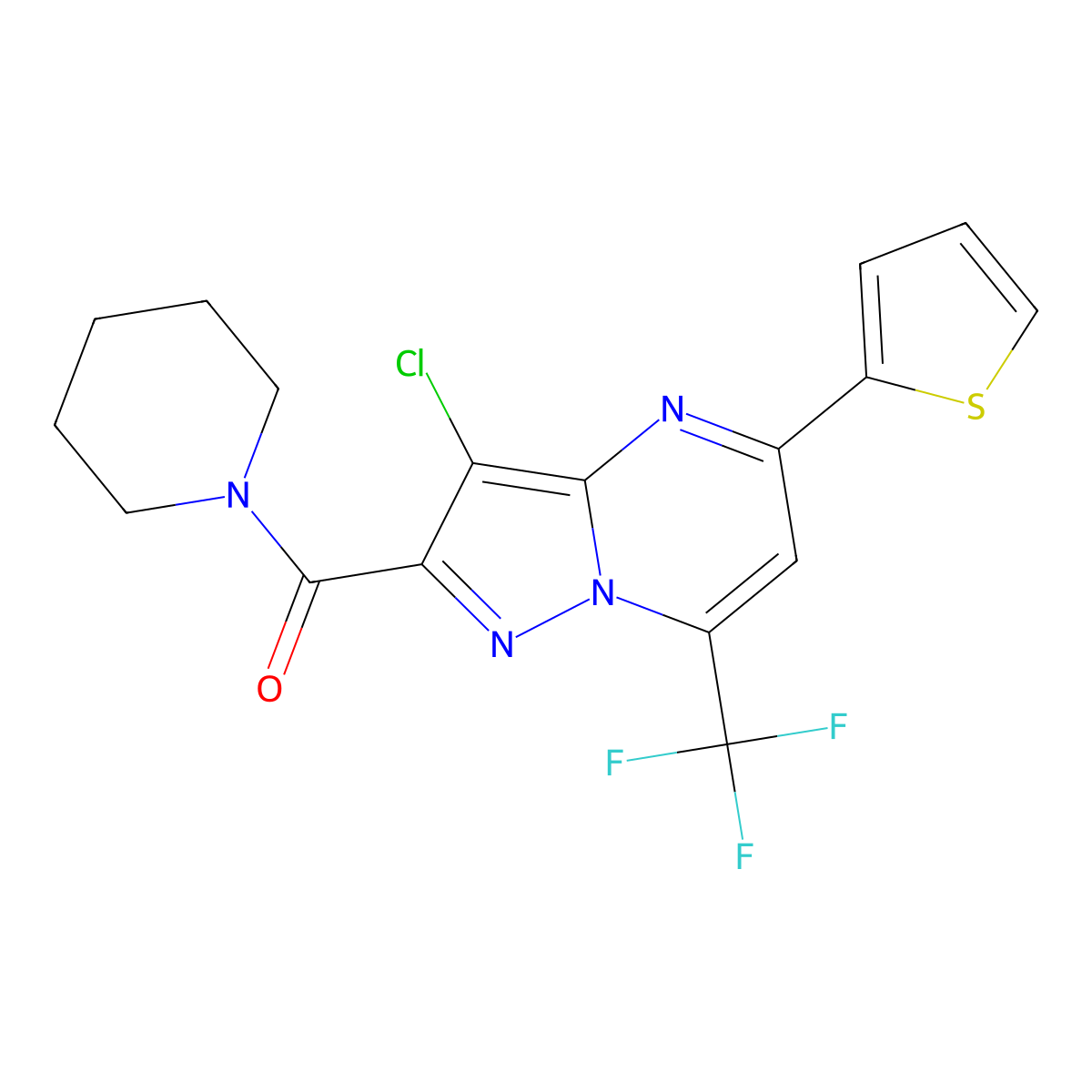 [3-Chloro-5-thiophen-2-yl-7-(trifluoromethyl)pyrazolo[1,5-a]pyrimidin-2-yl]-piperidin-1-ylmethanone molecular structure, CAS 313246-94-5