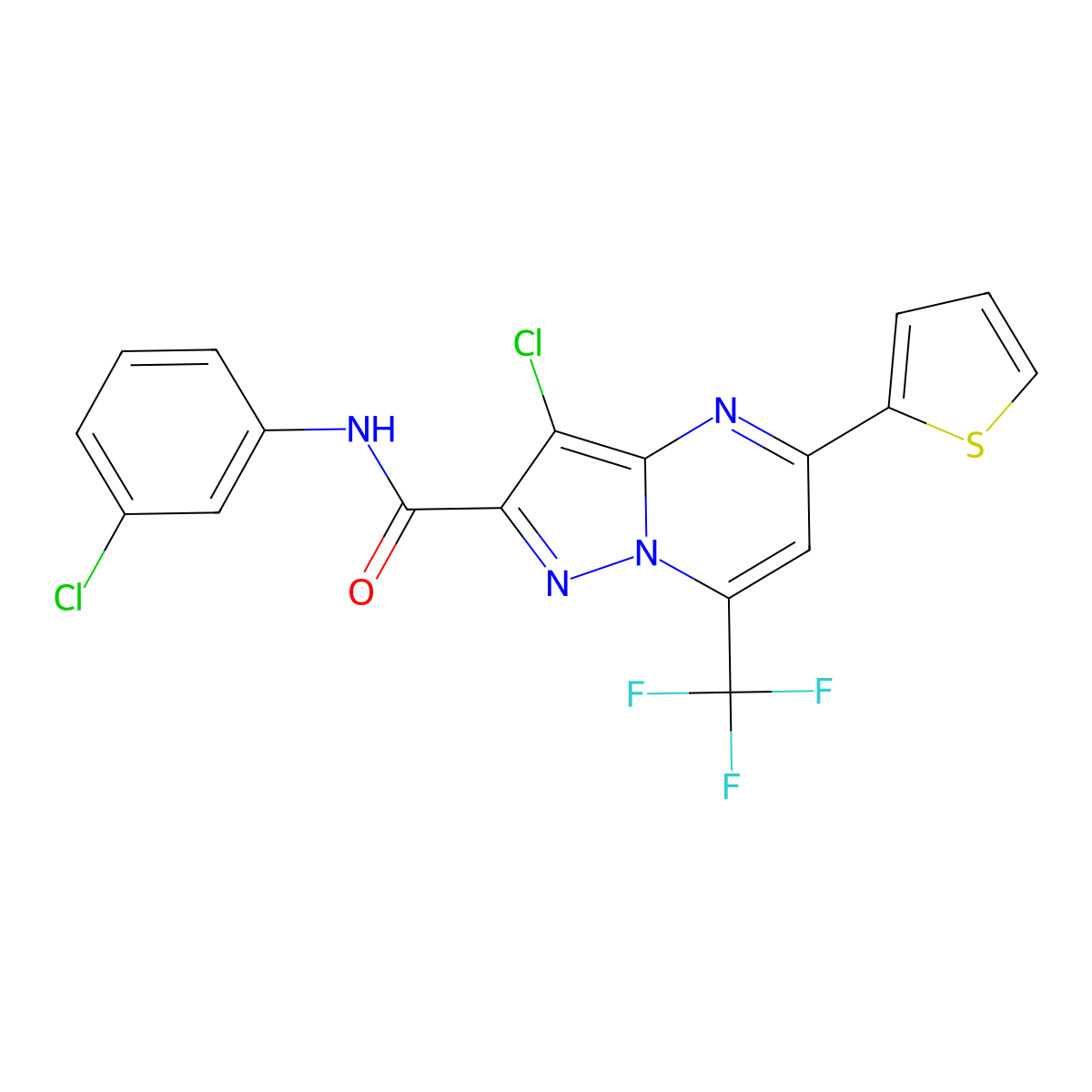 3-chloro-N-(3-chlorophenyl)-5-(thiophen-2-yl)-7-(trifluoromethyl)pyrazolo[1,5-a]pyrimidine-2-carboxamide molecular structure, CAS 313247-00-6