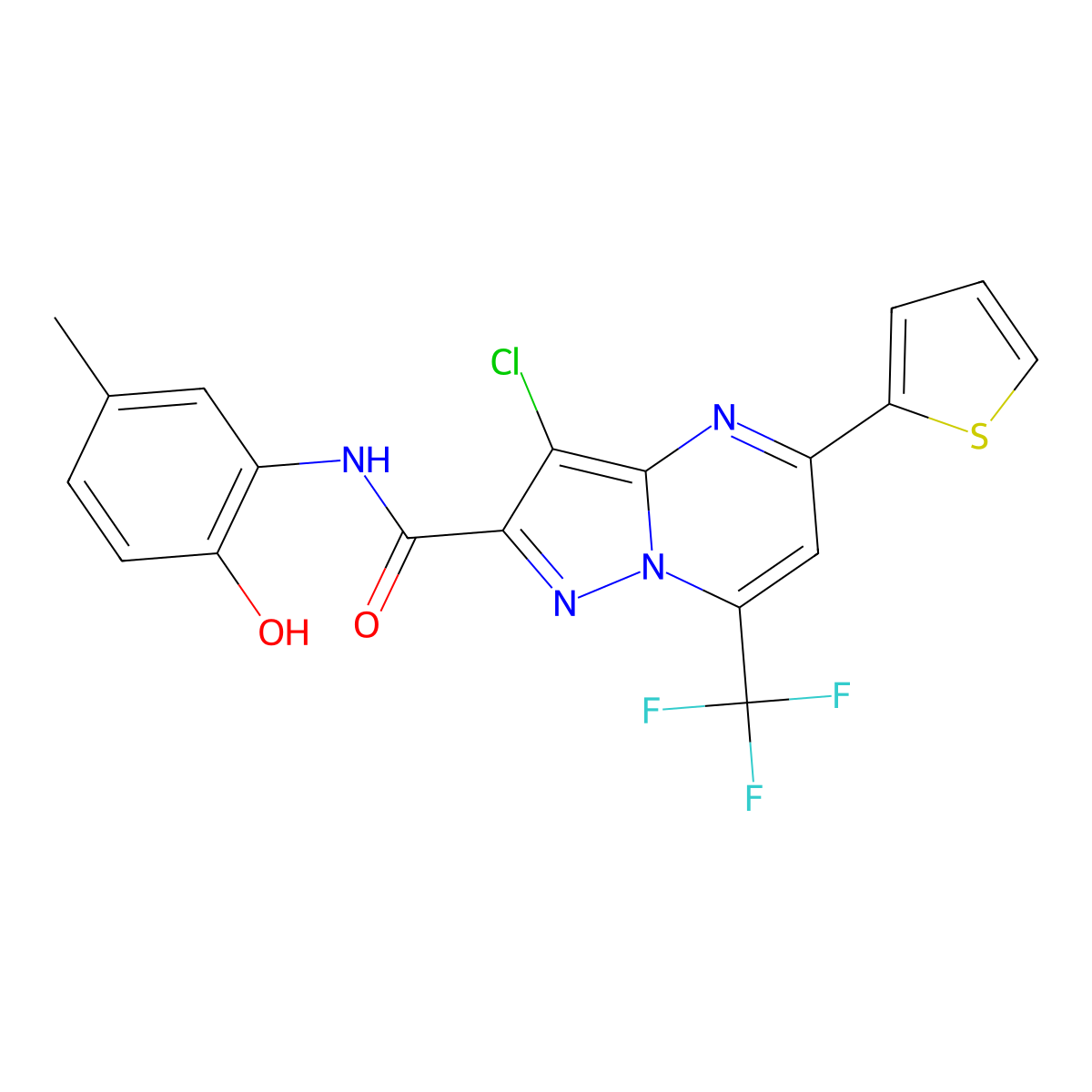 3-chloro-N-(2-hydroxy-5-methylphenyl)-5-(thiophen-2-yl)-7-(trifluoromethyl)pyrazolo[1,5-a]pyrimidine-2-carboxamide molecular structure, CAS 313247-03-9